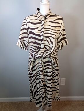 Lauren Ralph Lauren 100% Linen Animal Print  Waist Tie Pockets Sz 12 Midi Dress